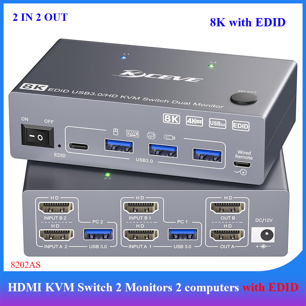 Kvm Switch Dual Monitor - 8K KVMスイッチ 2モニター 2台のコンピューター対応 HDMI EDID、KCEVE