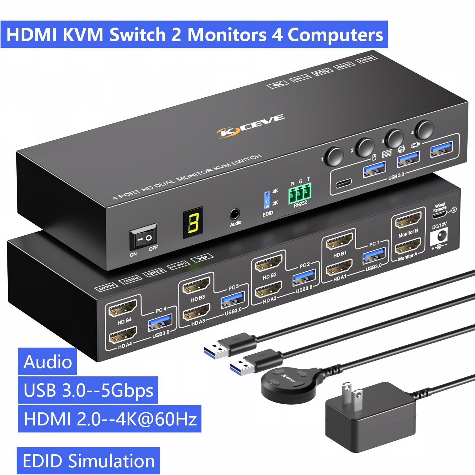 Kvm Switch Dual Monitor - HDMI KVMスイッチ 2モニター 4台のコンピューター対応 4K@60Hz/8K@60Hz EDIDシミュレーション、4ポートKVMスイッチャー