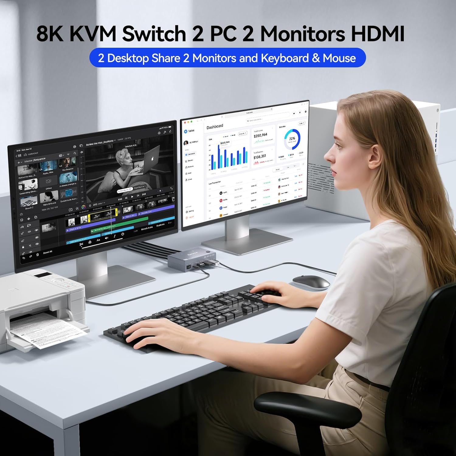 8K KVMスイッチ 2モニター 2台のコンピューター対応  - Kvm Switch Dual Monitor のレビューと価格